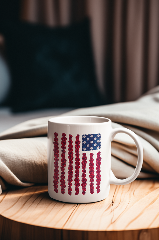 American Flag Rose Coffee Mug, Patriotic Floral Flag Design, 11 oz